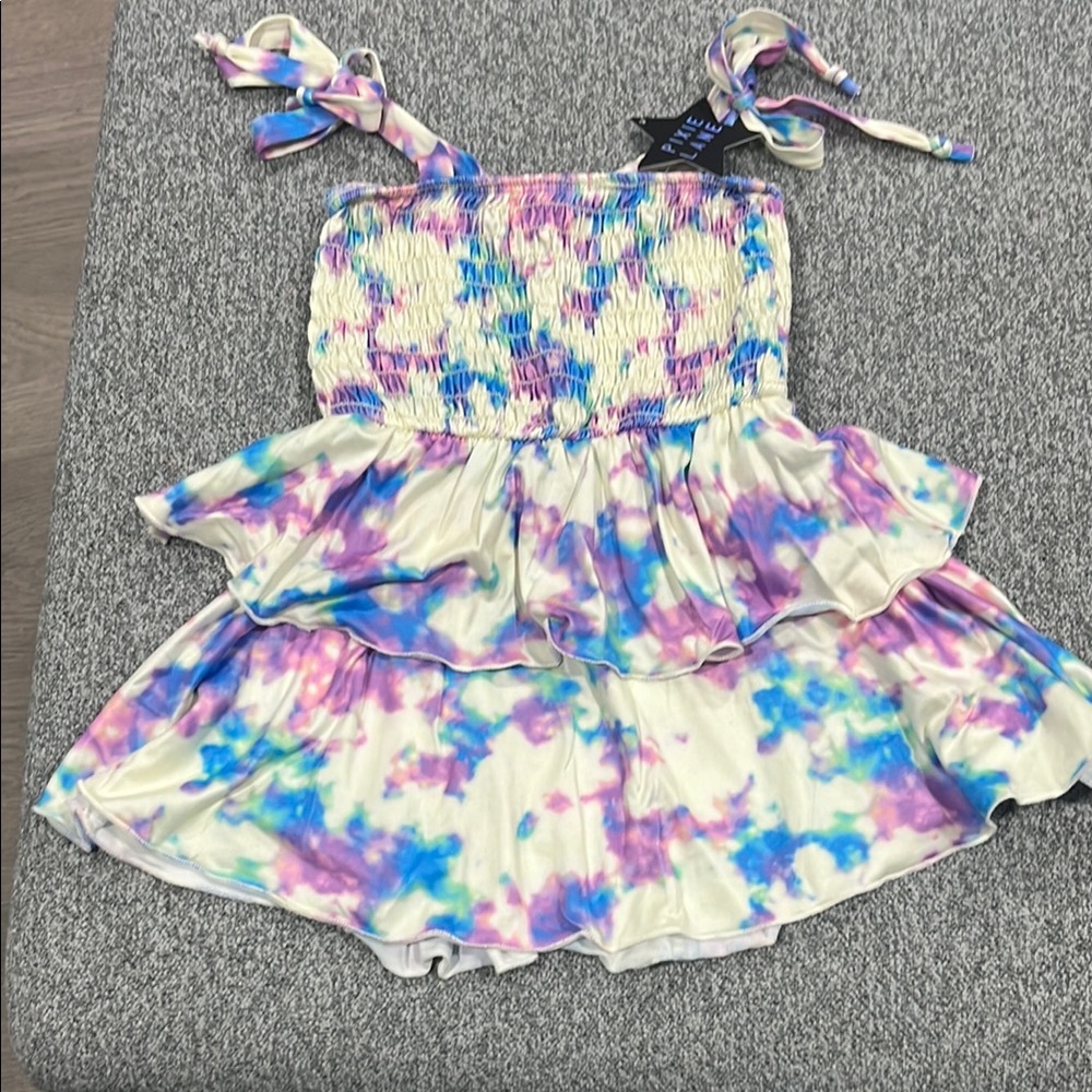 Pixielane smocked ruffle skirt dress - vanilla orchid marble size 4